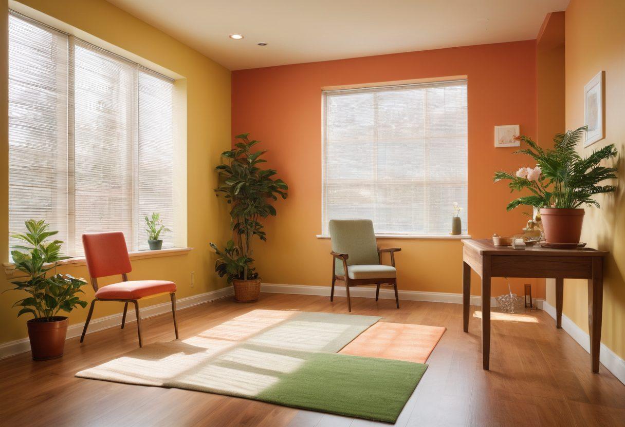 A tranquil therapy room with a focus on a patient receiving treatment using the Bobath approach, showcasing dynamic movement and support. The environment should be filled with soft natural light, featuring colorful rehabilitation tools and a therapist gently guiding the patient's motions. Include elements of hope and recovery, such as a blooming plant in the corner symbolizing growth. The overall mood should be uplifting and encouraging. super-realistic. vibrant colors. soft lighting.