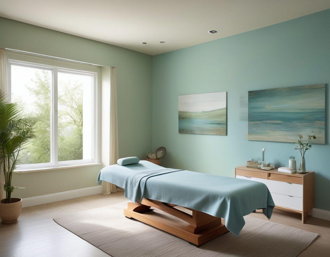 A serene therapy room featuring a patient in a supportive position alongside a therapist applying the Bobath Concept, surrounded by soft natural light. Incorporate visual elements symbolizing movement and care, such as flowing fabrics and gentle hands. Include anatomical diagrams subtly in the background representing neuromuscular function. Emphasize warmth and connection with a color palette of soft blues and greens. super-realistic. vibrant colors.