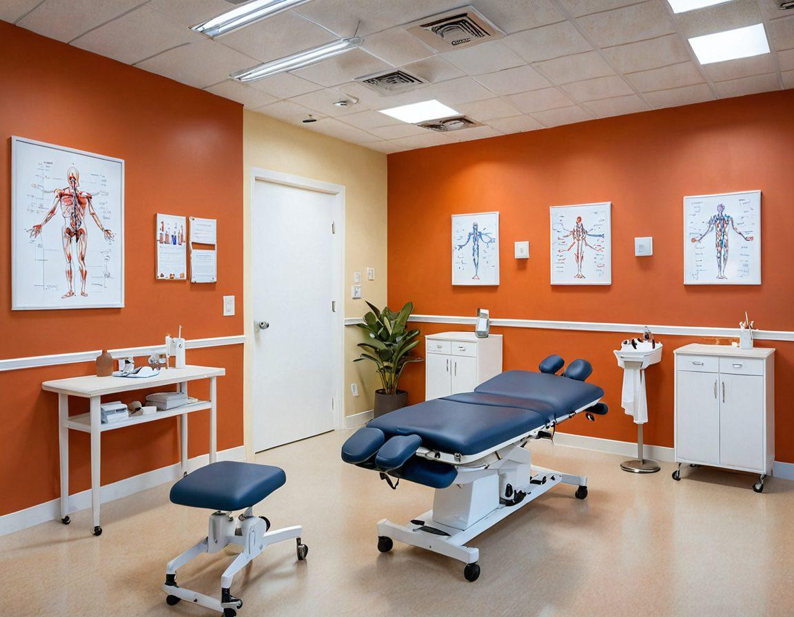 A hands-on therapy session illustrating a physical therapist using Bobath techniques with a patient, showcasing dynamic movement and engagement. Include anatomical diagrams on the wall, rehabilitation equipment in the background, and a warm, inviting clinic atmosphere. Emphasize collaboration and learning, with a focus on the therapist's guidance and the patient's progress. vibrant colors. super-realistic. clinical setting.